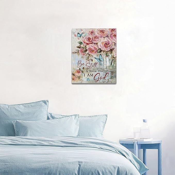 Farmhouse Rose Wall Art Christian Scripture Pictures Pink Rose Wall Decor Rustic Floral Butterfly Canvas Print Painting Artwork for Bathroom Living Room Bedroom 16"x20"-PawvioPets