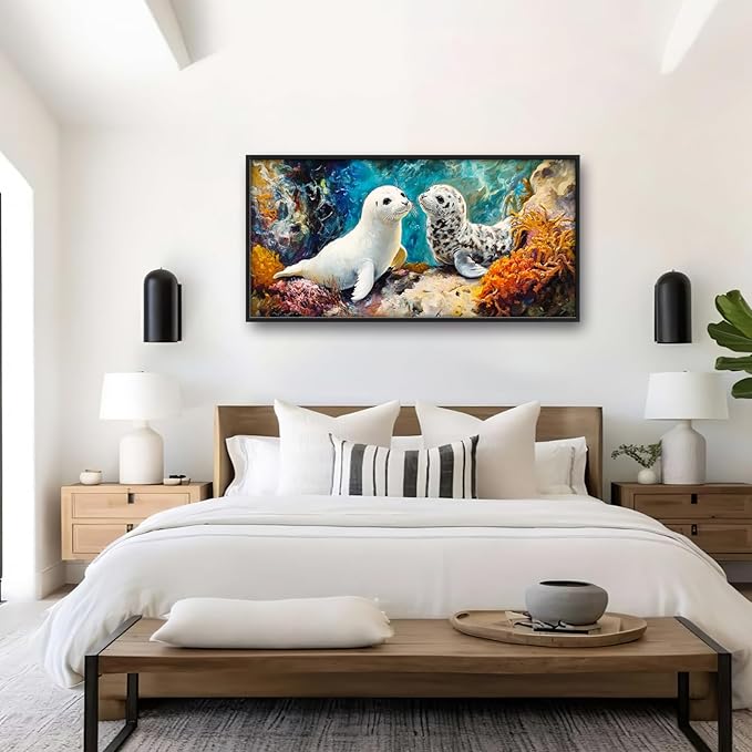 Extra Large Seal Framed Wall Art for Living Room,Oversized Underwater Animal Pictures Wall Decor,Ocean Coral Reef Canvas Print Painting Modern Artwork Bedroom Office Bathroom 60L" x 30W"-PawvioPets