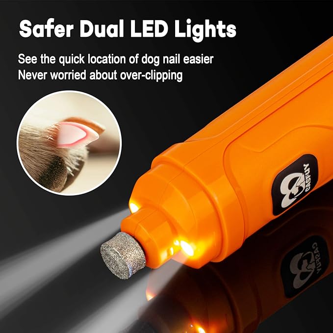 Casfuy Dog Nail Grinder with 2 LED Light - New Version 2-Speed Powerful Electric Pet Nail Trimmer Professional Quiet Painless Paws Grooming & Smoothing for Small Medium Large Dogs and Cats (Orange)-PawvioPets