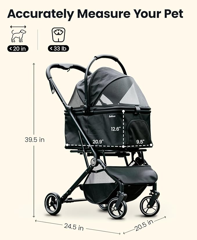 4 Wheels Pet Stroller, Dog Stroller for Small/Medium Dogs and Cats up to 33 lbs, One-Click Fold & Draggable, Removable Carrier, Zipperless Entry, Mesh Windows, Black-PawvioPets