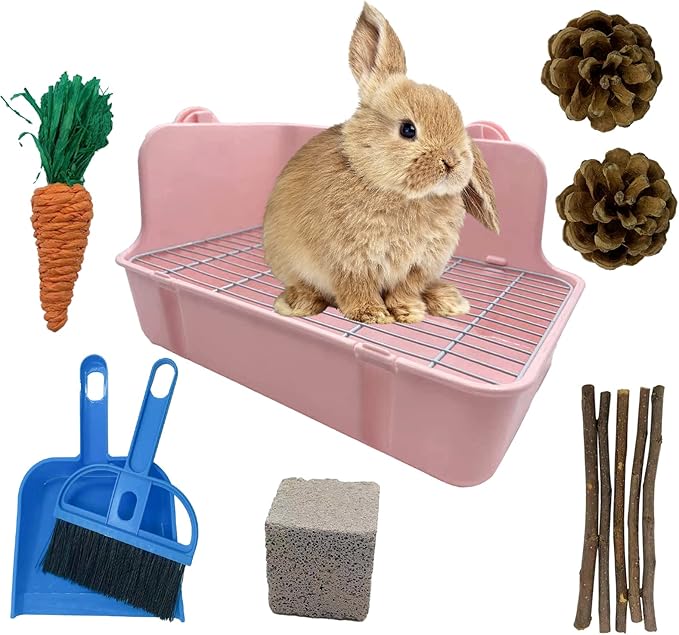 11Pcs Rabbit Litter Box Toilet,Bunny Corner Litter Bedding Plastic Square Grate Guinea Pig Bunny Ferret Hamster Hedgehog, Potty Trainer Bedding Box for Guinea Pig Ferret Hamster Hedgehog (Pink)-PawvioPets