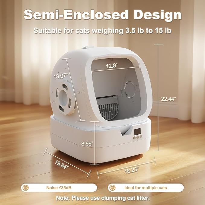 Automatic Cat Litter Box Self Cleaning - APP Control and Weight Monitoring - Ultra-Quiet, Suitable for Medium Cats and Kittens, Safe Anti-Pinch Litter Box (Assembly Required) -White-PawvioPets