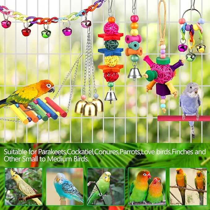 Bird Toys for Conures with Colorful Ladder Hammock Bird Cage Accerious Bird Perch Stand Chewing Toys Hanging Bell for Parrot Parakeet Cockatiel Lovebirds-PawvioPets