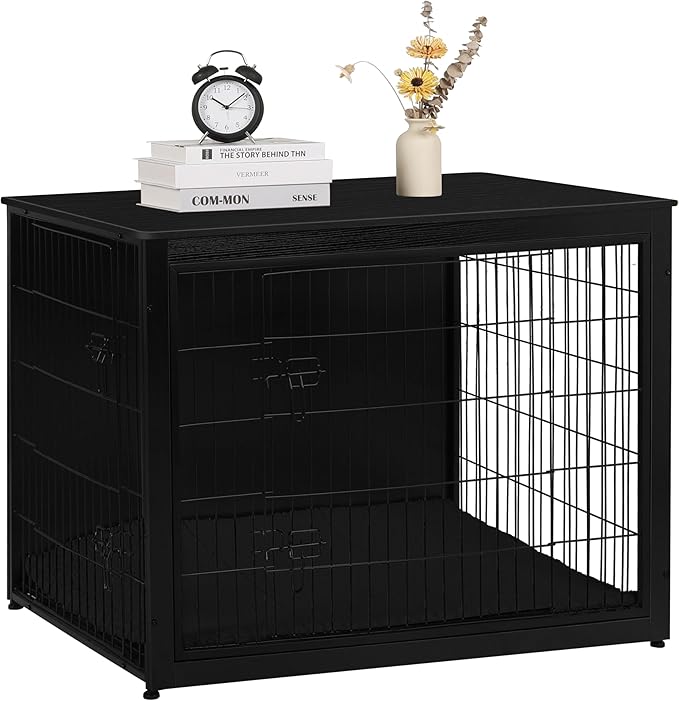 DWANTON Dog Crate Furniture with Cushion, Wooden Kennel Table with Double Doors, Indoor Dog House, Extra Large Size, 43.3" L, Black-PawvioPets