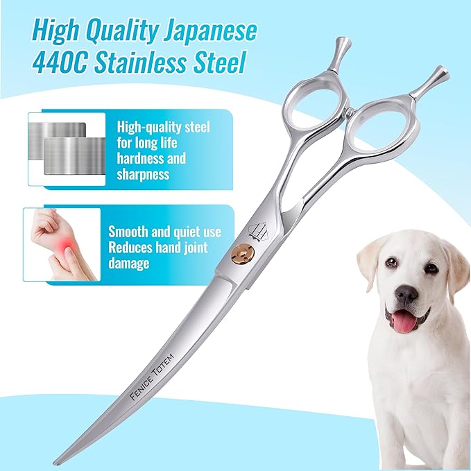 Dog Grooming Scissors: 7.0 inch Curved Pet Shears Made Of Japanese 440C Advanced Stainless Steel Professional Grooming Scissors for Dogs Cats and Other Pets-PawvioPets