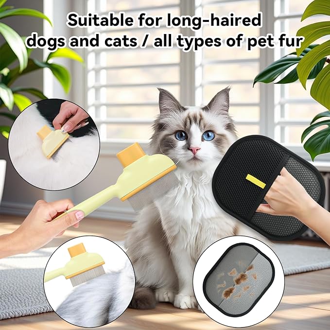 Electrostatic Pet Hair Removal Glove and Cat Dog Flea Comb, Portable Pet Massage and Cleaning Set for Deshedding, Cat Dog Hair Removal on Clothes, Furniture, Car Seats, and Carpets (4PCS)-PawvioPets