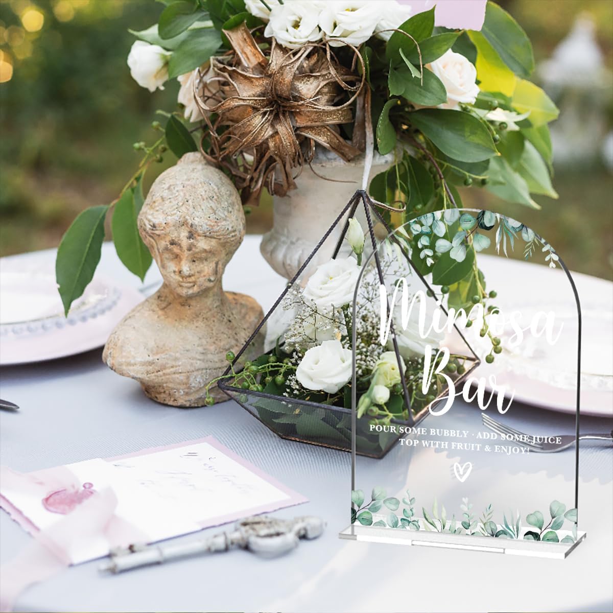 Acrylic Wedding Signs, Bridal Shower Decorations, Mimosa Bar Signs for Reception, Modern Calligraphy Arch Acrylic Table Top Sign for Wedding Reception and Engagement Parties (Clear Eucalyptus Leaves)