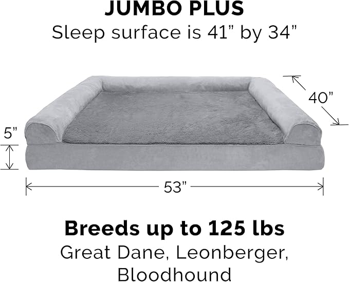 Furhaven Orthopedic Dog Bed for Large Dogs w/ Removable Bolsters & Washable Cover, For Dogs Up to 125 lbs - Plush & Suede Sofa - Gray, Jumbo Plus/XXL-PawvioPets