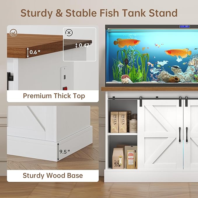 55-75 Gallon Fish Tank Stand with Sliding Barn Doors & Power Outlet, Heavy Duty Aquarium Stand with Cabinet Storage for Fish Tank, Turtle Tank, Reptile Terrarium, 1000LBS Capacity, White-PawvioPets