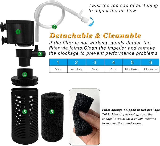 DOMICA Small Aquarium Filter with Aeration System 92GPH 5W Internal Filter for 3 to 10 Gallons Fish Tank, Submersible Fish Tank Filter with 4-pack Pre-filter Sponge-PawvioPets