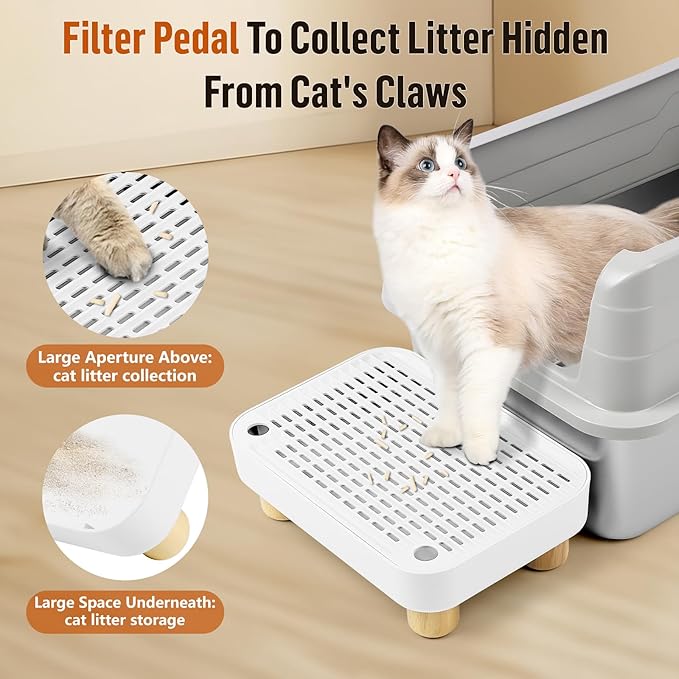 Cat Litter Box Step Ramp, Cat Litter Catcher Mat with Wooden Feet, Filter Function, Cat Pedal Stool for Self-Cleaning Cat Litter Box, Ideal for Kitten & Elderly Cats (White)-PawvioPets