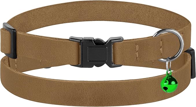 Breakaway Cat Collar Leather with Removable Bell - 13 Colors Available - Soft Adjustable Girl Boy Safety Lightweight Pet Kitten Collars Pink Brown Blue Green Red Orange Black (Brown)-PawvioPets