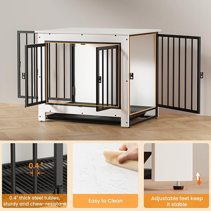 Dog Crate Furniture, Dog Crate End Table for Small and Medium Dogs,Wooden Cage Kennel Furniture Indoor, Modern Dog Crate with Multi-Purpose Removable Tray, Double-Doors Dog Furniture, White-PawvioPets