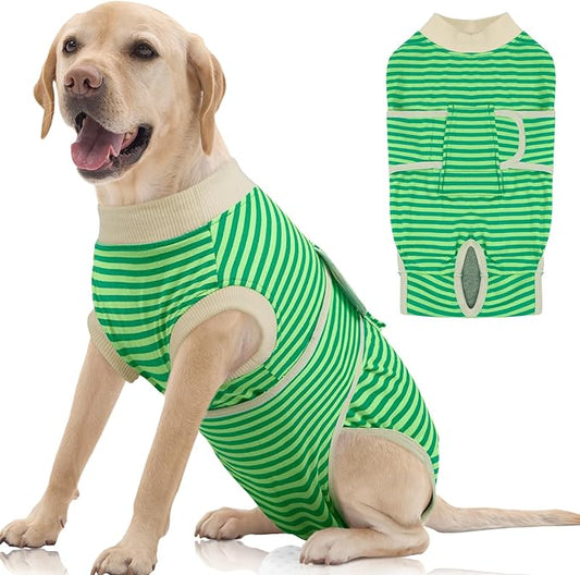 FUAMEY Dog Recovery Suit Male,Dogs Surgery Neuter Suits Puppy Spay Shirts for Female Protect Dog's Skin Anti Licking Abdominal Wounds Doggie Onesie Pet Bodysuit Alternative to Cone Green Stripes XXL-PawvioPets