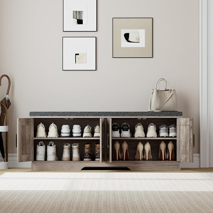 2-Tier Storage Bench, Shoe Bench with Padded Seat Cushion, Entryway Bench with 4 Barn Doors, Adjustable Shelf, 13.8" D x 47.2" W x 17.7" H, for Entryway, Living Room, Bedroom, Greige-PawvioPets