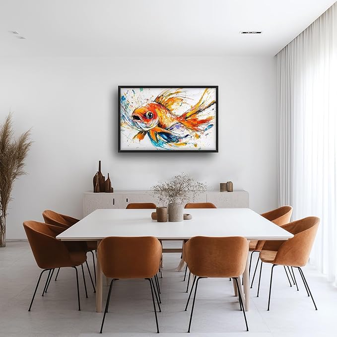 Framed Large Fish Wall Art for Living Room, Oversized Graffiti Goldfish Wall Decor Watercolor Fishing Canvas Painting Modern Artwork Home Decoration for Living Room Bedroom Office 36"x24"-PawvioPets
