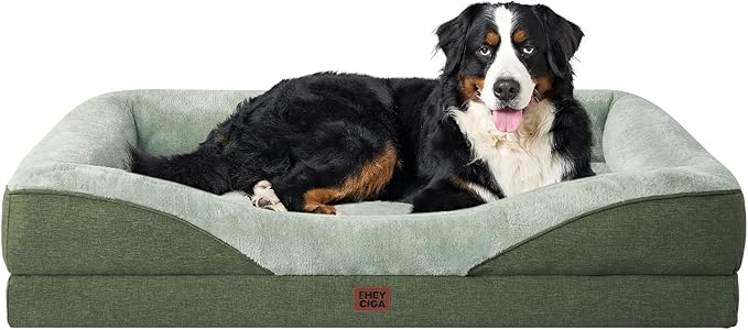 EHEYCIGA Memory Foam XXL Dog Bed for XLarge Sized, Extra Large Orthopedic Dog Sofa with Sides and Waterproof Liner, Washable Bolster Pet Couch with Removable Cover, 52x41x8 Inch, Green-PawvioPets