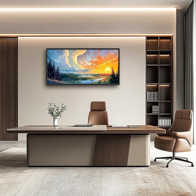 Framed Large Sunrise Wall Art for Living Room, Oversized Sunrise Wall Decor Forest Lake Landscape Canvas Print Natural Picture Home Decoration for Bedroom Living Room Office 60"x30"-PawvioPets