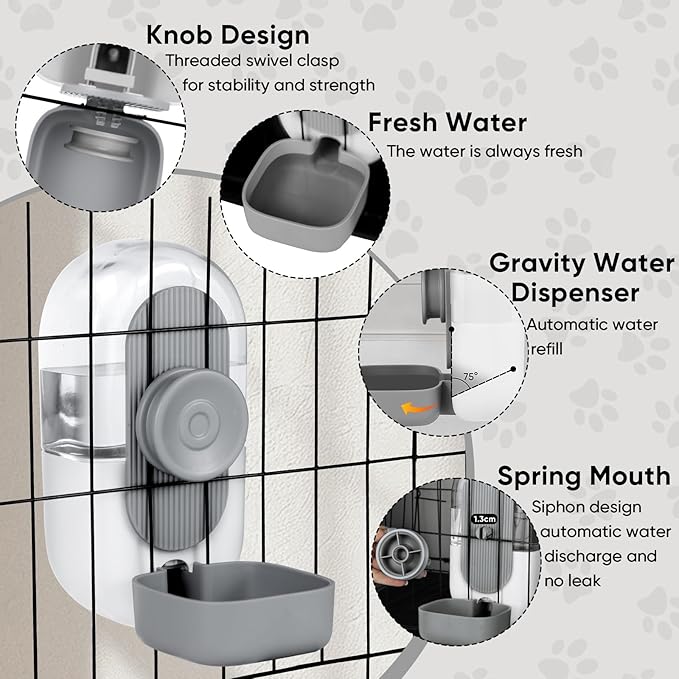 28oz Hanging Automatic Water Dispenser，Rabbit Water Bottle,Bunny Guinea Pig Ferret Water Bowl for Cage,Suitable for Small Animal Puppies(Cage Grid Spacing Over 1.2'') (Gray)-PawvioPets
