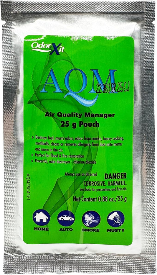 AQM by OdorXit, Air Quality Manager Chlorine Dioxide Odor Removal Packet, Dog Odor Eliminators for Hom, Wet Dog Smell & Car Deodorizer, Cigarette & Strong Smell Neutralizer, 25g-PawvioPets