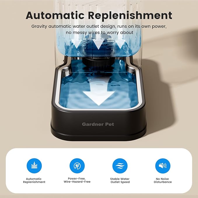 Gardner Pet Automatic Dog Water Dispenser Gravity Waterer with Stainless Steel Bowl Water Dispenser 8.5L Large Capacity Water Feeder for Dogs Cats Pets, BPA-Free Noise-Free (Black, 8.5L)-PawvioPets