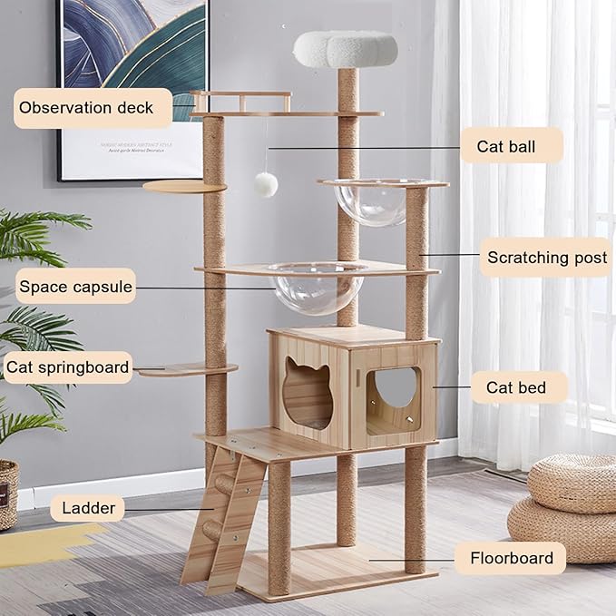 67-Inch Cat Tree for Indoor Cats Large Adult,Cat Tree Tower with Condo, Cat Stairs, 2 Bowl,14 Sisal Scratching Posts, Top Perch, with Padded Platform Bed,Toy Balls,Larg Large cat Tree.B12-PawvioPets