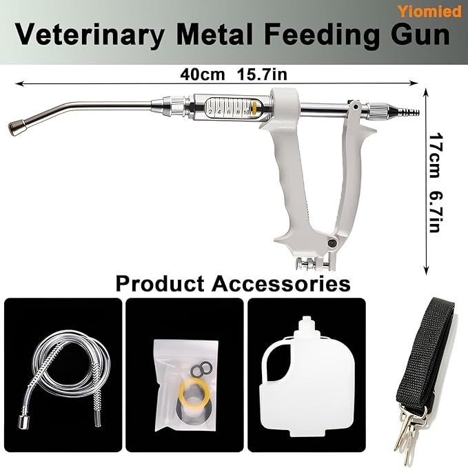 10ML Veterinary Metal Feeding Gun, Continuous Drench Gun Dosing Device Veterinary Adjustable Medicine Dispenser Husbandry Autonomous Feeding Tool, for Pig Cow, Sheep, Horse (White Color, 10ML+Kettle)-PawvioPets