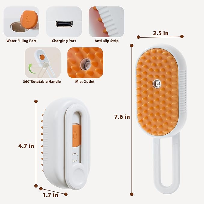 4 in 1 Cat Steam Brush, Rechargeable Steam Brush for Cats and Dogs, Anti-Static Cat Spray Brushes, Massage, Cleaning, Shedding & Combing All In One! White-PawvioPets