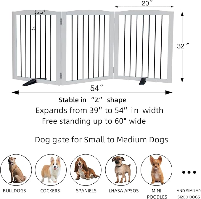 Foldable Wooden Freestanding Dog Gate - 32" H, 3 Panels, Stairs/Doorways, Support Feet Included, White-PawvioPets