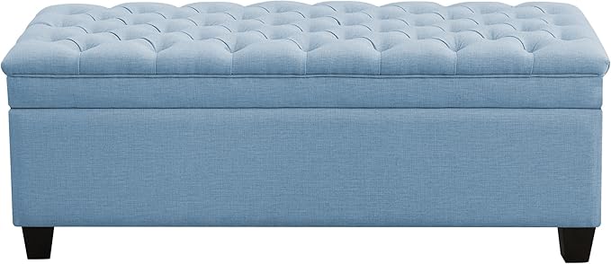 51" Fabric Storage Ottoman Bench, Upholstered Rectangle End of Bed Storage Ottoman Tufted Living Room Bedroom Bench with Safety Hinge, Solid Wood Legs, Loads 500 lb(Light Blue)-PawvioPets