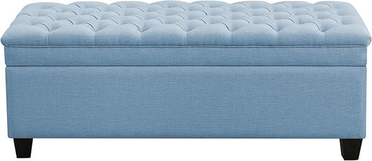 51" Fabric Storage Ottoman Bench, Upholstered Rectangle End of Bed Storage Ottoman Tufted Living Room Bedroom Bench with Safety Hinge, Solid Wood Legs, Loads 500 lb(Light Blue)-PawvioPets