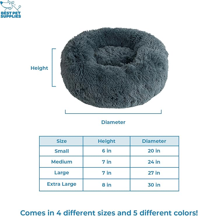 Best Pet Supplies Round Donut Dog Bed with Plush Faux Fur Fabric, Calming, Anti-Anxiety Cushion for Indoor Pets, Slip-Resistant Base, Soft Ergonomic Support - Gray, 24x24x7''-PawvioPets