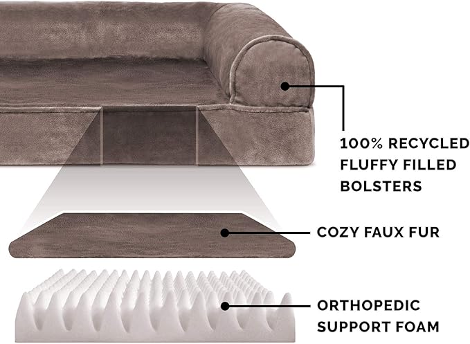 Furhaven Orthopedic Dog Bed for Large/Medium Dogs w/ Removable Bolsters & Washable Cover, For Dogs Up to 55 lbs - Faux Fur & Velvet Sofa - Driftwood Brown, Large-PawvioPets
