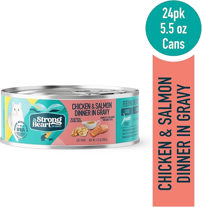 A Strong Heart Canned Wet Cat Food, Chicken & Salmon Dinner in Gravy - 5.5 oz Cans (Pack of 24), Made in The USA with Real Chicken & Salmon-PawvioPets