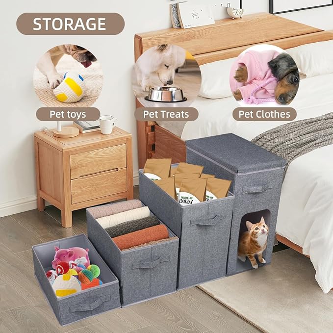 Dog Stairs with Storage, Folding Pet Steps with Zip for Small Dogs and Cats, 4-Step Pet Stairs with Pet House for High Bed, Couch and Car Ramp (Gray, 4 Steps with Condo)-PawvioPets