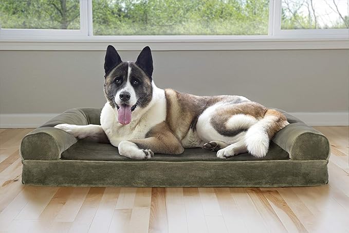 Furhaven Cooling Gel Dog Bed for Large Dogs w/ Removable Bolsters & Washable Cover, For Dogs Up to 95 lbs - Faux Fur & Velvet Sofa - Dark Sage, Jumbo/XL-PawvioPets