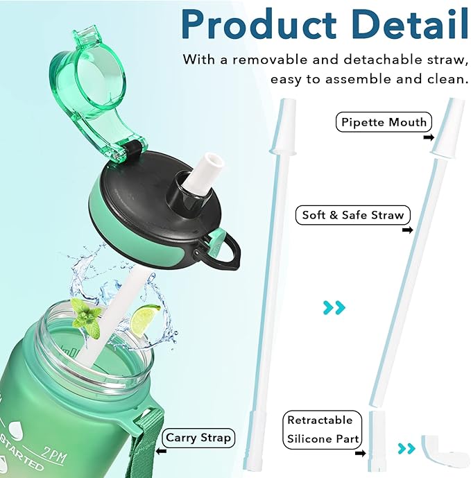 Enerbone Water Bottle, Leakproof BPA & Toxic Free, Motivational Water Bottle with Times to Drink and Straw, Fitness Sports Water Bottle with Strap for Office, Gym, Outdoor Sports-PawvioPets