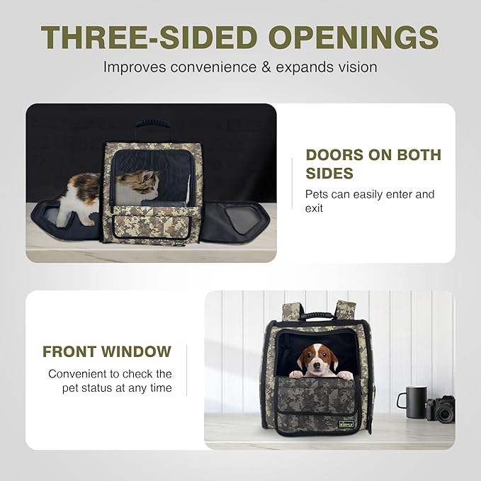 Collapsible Cat Backpack Carrier, Dog Backpack Carrier for Small Dogs Cats Up to 12 Lbs, Three-Sided Breathable Pet Backpack with Soft Padded, Designed for Outdoor and Travel Use, Camo-PawvioPets