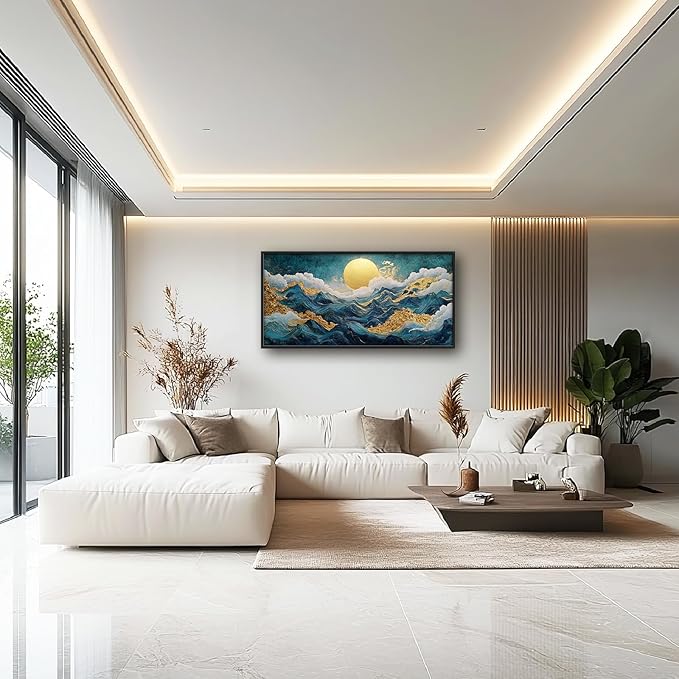 Framed Large Sun Mountain Wall Art, Oversized Teal and Golden Sun Wall Decor for Living Room, Abstract Landscape Canvas Painting Modern Artwork Home Decoration for Living Room Bedroom 60"x30"-PawvioPets