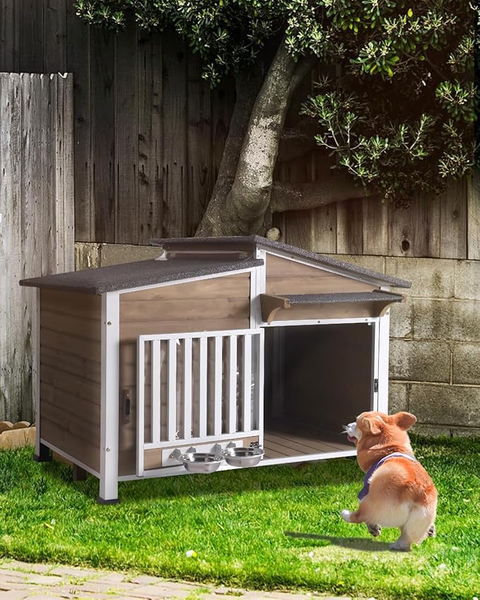 Dog House Outdoor with Bowls Weatherproof Dog Kennel with Anti-Chewing Iron Frame Dog Shelter for Small Medium Dogs(Light Brown)-PawvioPets