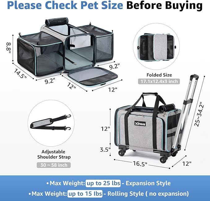 Cat Dog Carrier with Wheels, Expandable Rolling Soft-Sided Carrier for Small Cats and Dogs Under 25 LBS, Pet Carrier on Wheels with Locking Safety Zippers and Anti-Scratch Mesh (Grey)-PawvioPets