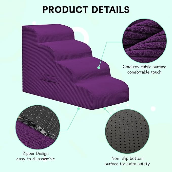 Dog Steps for Small Dogs, 4-Step Dog Ramp and Stairs for High Beds and Sofa, Non-Slip Pet Stairs Removable and Easy to Clean Cover, Purple-PawvioPets