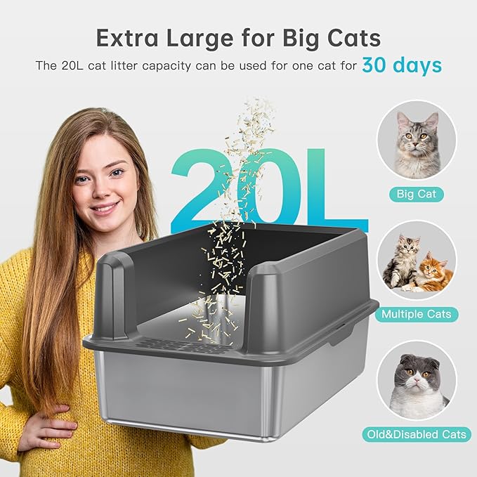Enclosed Stainless Steel Cat Litter Box with Lid, XL Extra Large Litter Box for Big Cats, Metal Litter Pan High Sided, Never Absorbs Odors, Anti-Urine Leakage, Easy Cleaning, Include Scoop-PawvioPets
