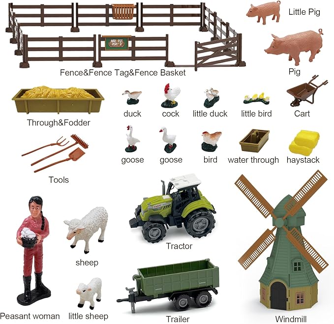82PCS Farm Animals Toys Set Comes with Tractor Trailer, Windmill, Farmer, Fence - Playset for Kids Toddlers Boys Girls 5+ Years Old-PawvioPets