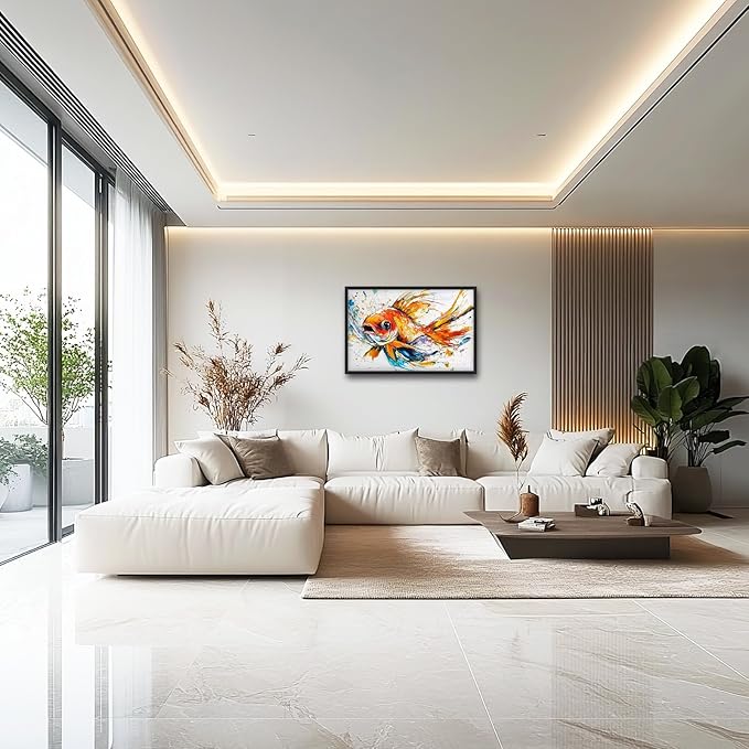 Framed Large Fish Wall Art for Living Room, Oversized Graffiti Goldfish Wall Decor Watercolor Fishing Canvas Painting Modern Artwork Home Decoration for Living Room Bedroom Office 36"x24"-PawvioPets