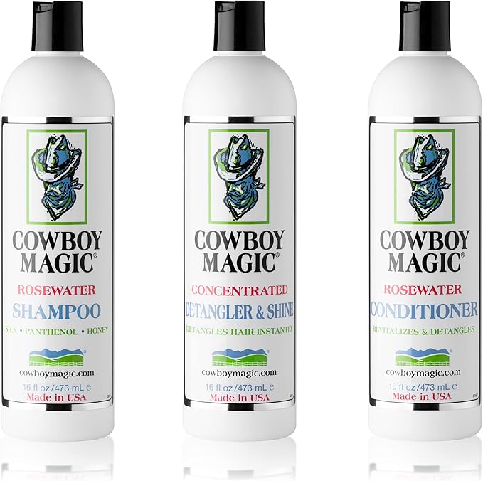 Cowboy Magic Shampoo + Conditioner + Detangler & Shine 16 Ounce each With Silk Panthenol and Honey Great For Horse, Humans, And Dogs Too Silky Coats And Hair-PawvioPets