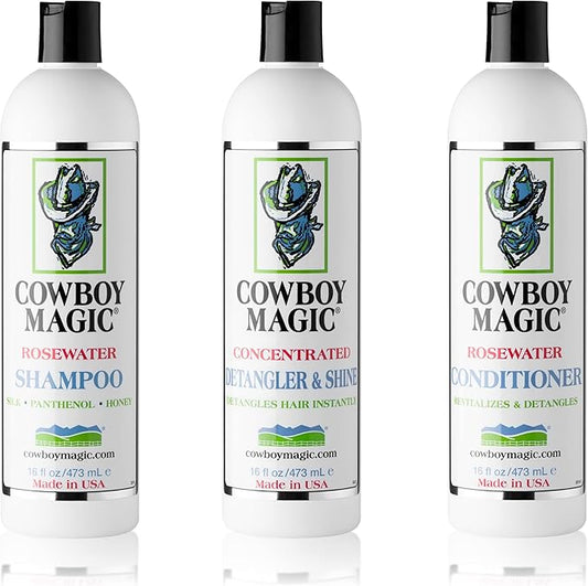 Cowboy Magic Shampoo + Conditioner + Detangler & Shine 16 Ounce each With Silk Panthenol and Honey Great For Horse, Humans, And Dogs Too Silky Coats And Hair-PawvioPets