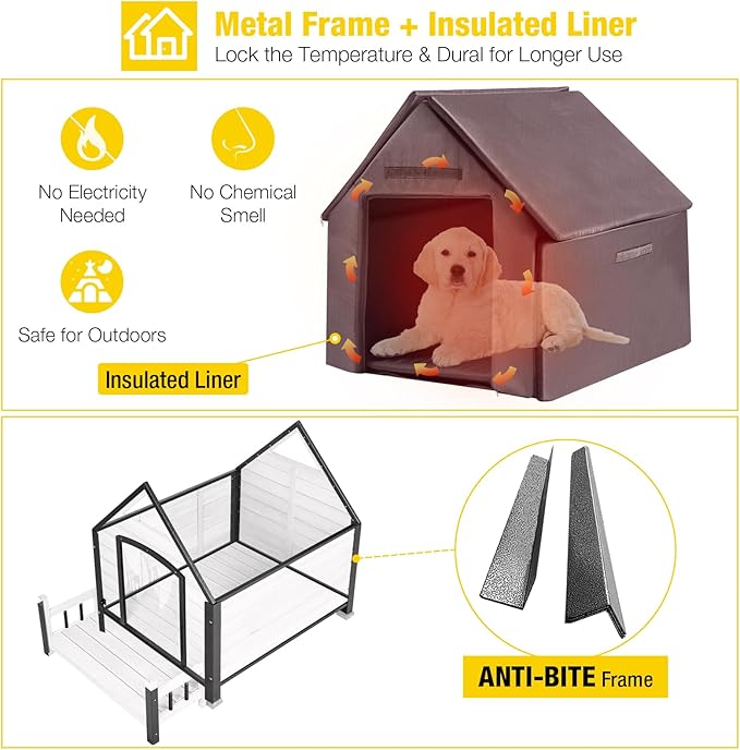 Aivituvin Dog House Outdoor With Metal Frame, Insulated Dog Kennel Outside for Small To Medium Breed, 45" Weatherproof Large Dog Shelter with Anti-Chewing Iron Frame, White (45" D x 32.9" W x 32.6" H)-PawvioPets