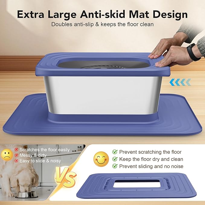 Decflow 10L Stainless Steel Dog Water Bowl, No Spill Anti-Splash Dog Bowls with XXL Silicone Mat, Spill-Proof Slow Feeder for Messy Drinkers, Heavy Duty Pet Bowls for Indoor/Outdoor Use Blue-PawvioPets