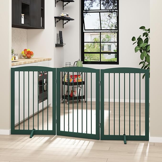 Freestanding Pet Gate for Dogs, Foldable Wooden Dog Gate for House Indoor, Step Over Pet Puppy Safety Fence for Stair, Doorway,Hall, Support Feet Included,3 Panels 32",Green-PawvioPets